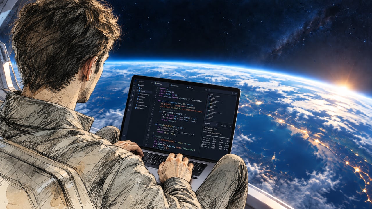 Illustration of a man working on a laptop, looking out over the Earth from orbit